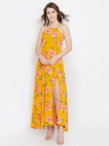 Halter Neck Open Back Flared Maxi Dress