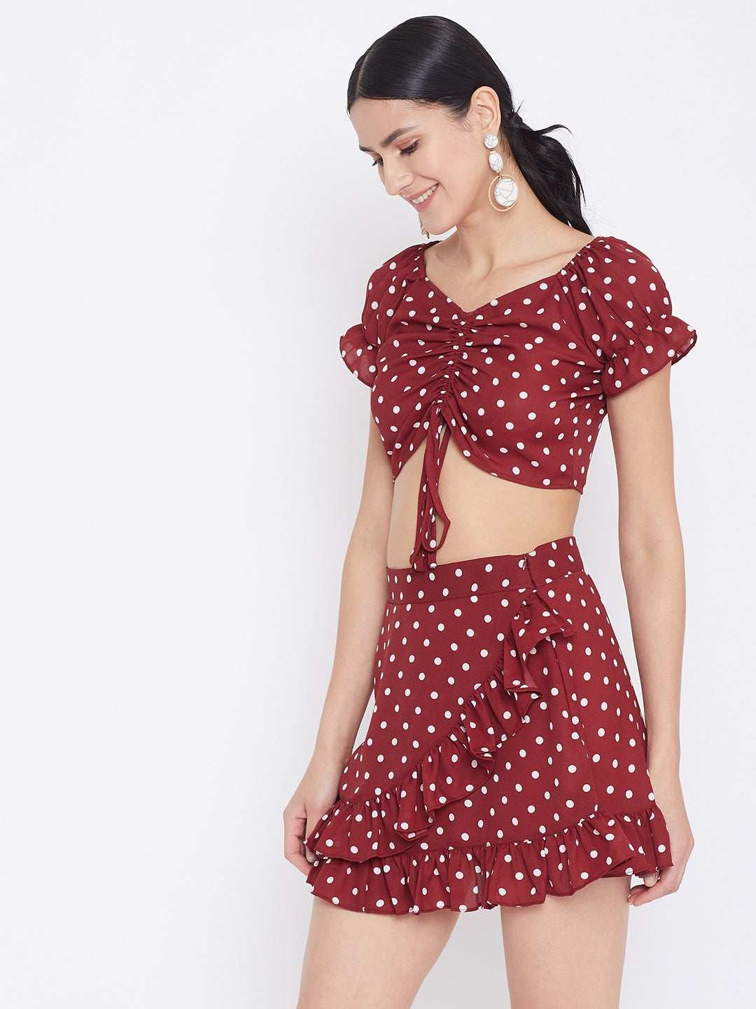 Polka Dot Printed Crop Top and Skirt Set