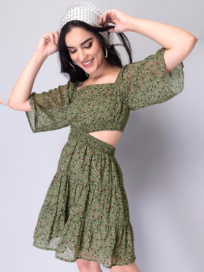 Floral Waist Cut Out Dress