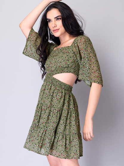 Floral Waist Cut Out Dress